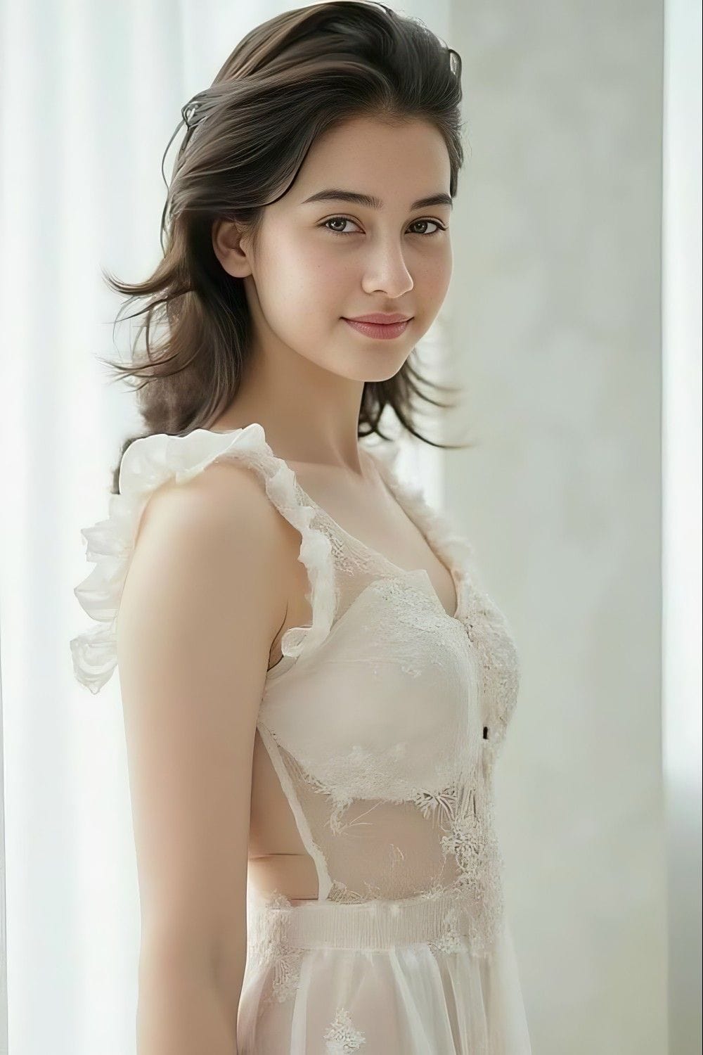 Fresh look Beautiful Girl smiling nice eyes brunette slim size light cream color dress bare shoulders small breast whilte complexion model fashion
