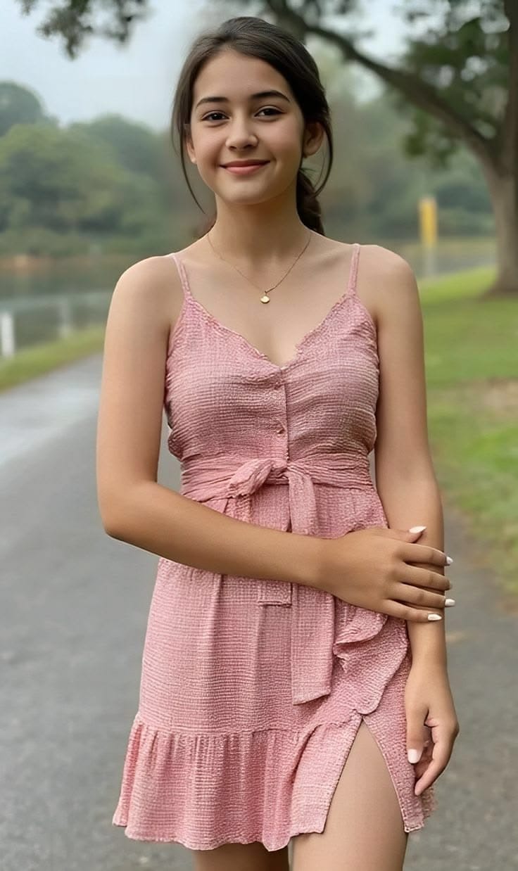 Beautiful Cute Girl in Pink Dress small Breast accessory in Neck nature backdrop nails
