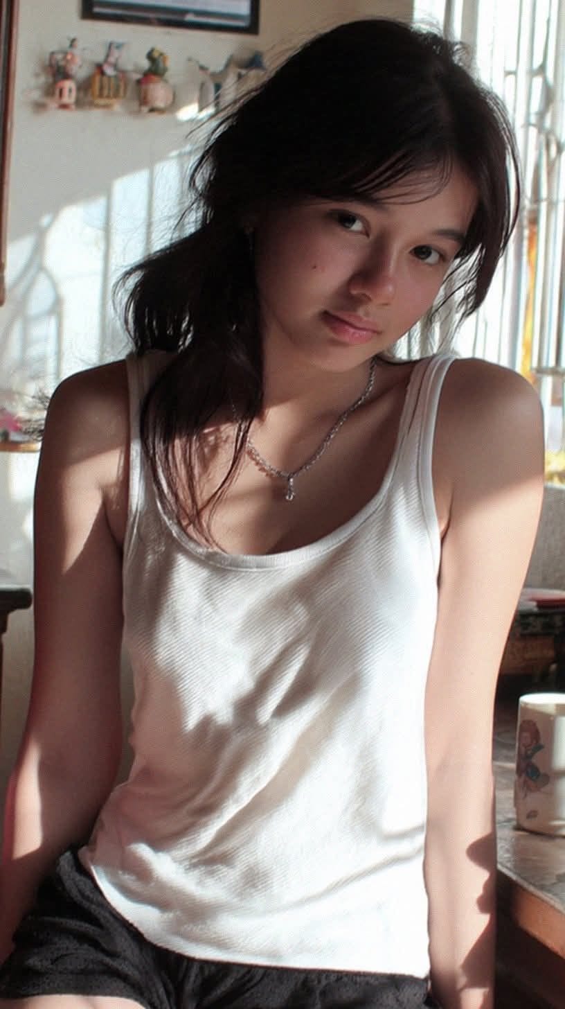 young hot beautiful girl eyes accessory camisole morning look sunlight home background