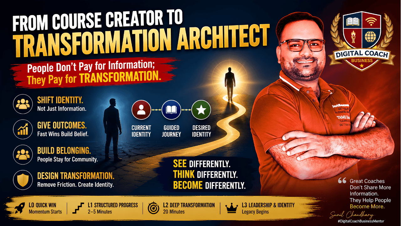 Learn how coaches can create transformation, identity shifts, belonging, and outcomes instead of just selling information online.