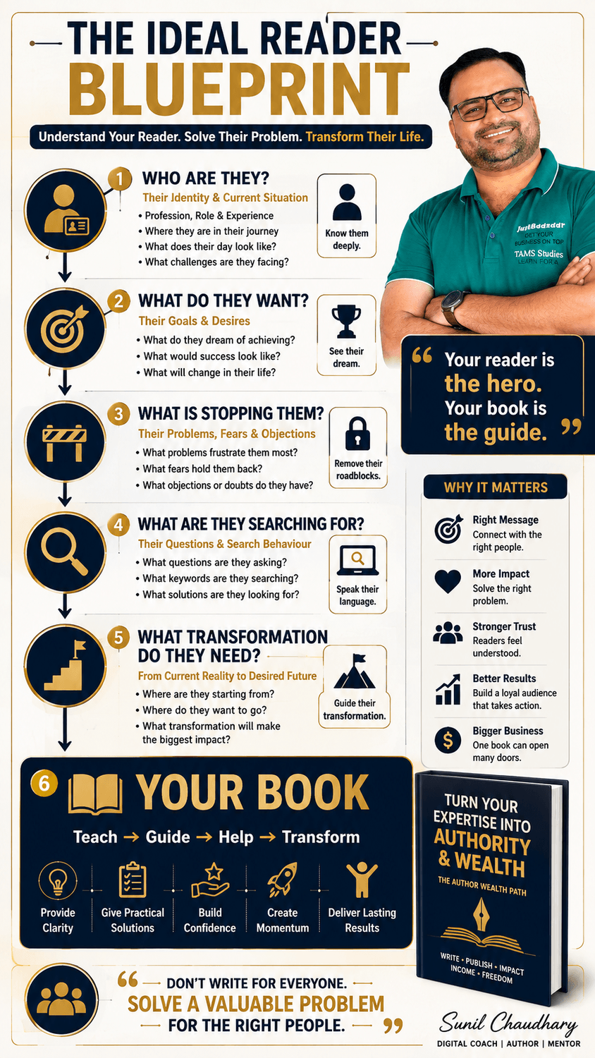 Ideal reader blueprint showing how authors identify reader identity goals problems search behaviour and desired transformation