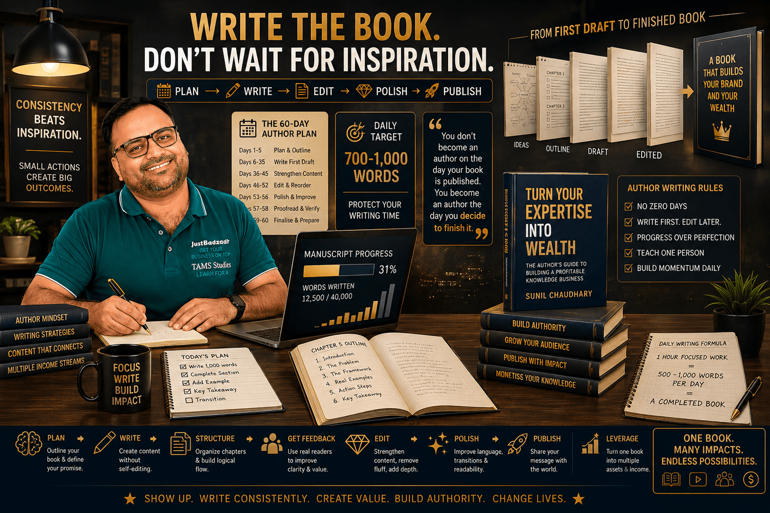 Author writing a book with a structured daily writing system showing manuscript progress from first draft to published book