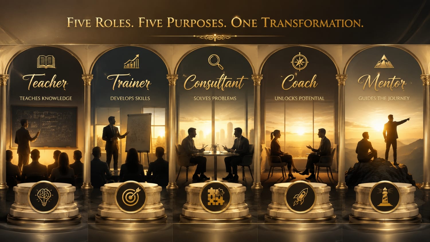 Understand the real difference between a Teacher, Trainer, Consultant, Coach, and Mentor with simple definitions and practical examples.