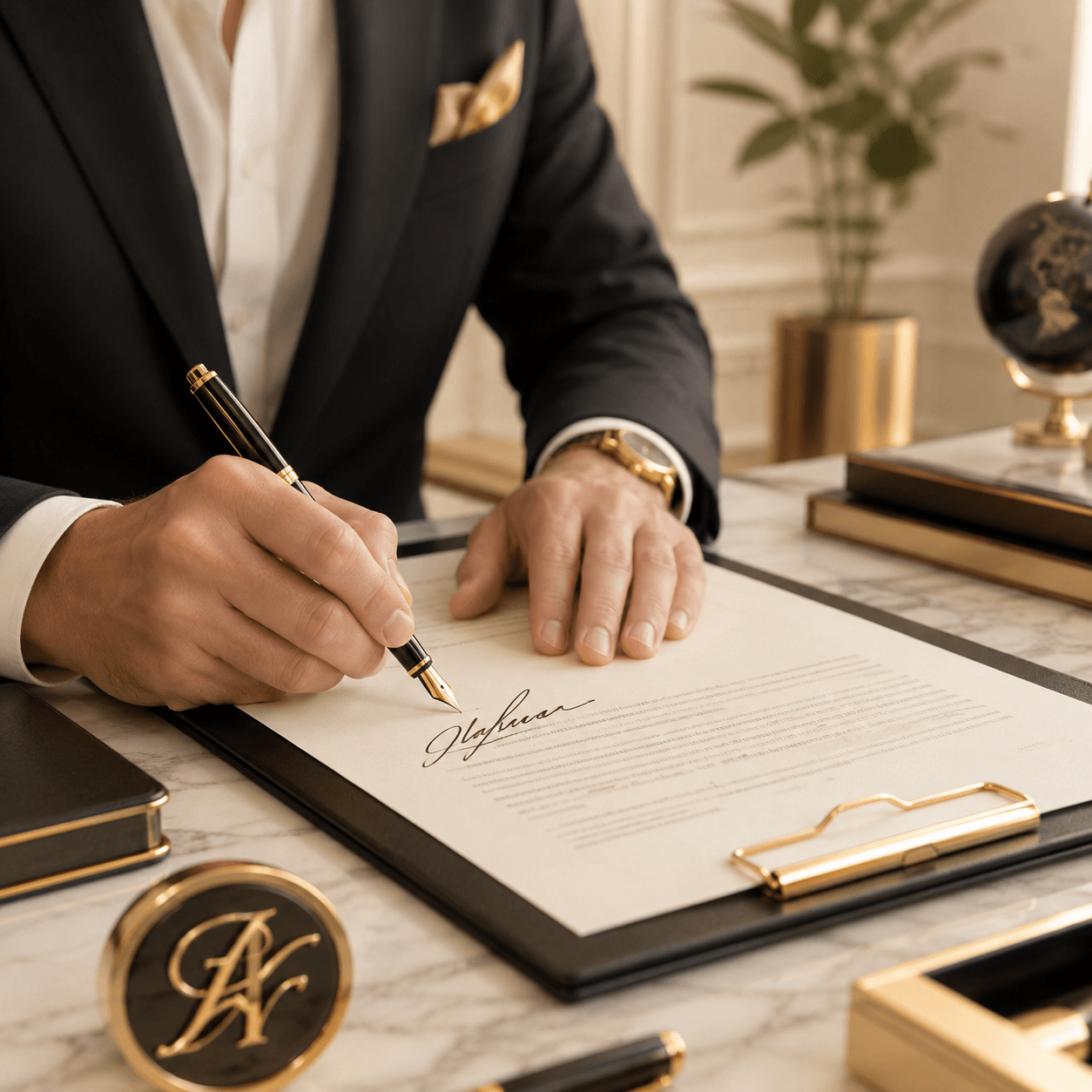 Premium editorial illustration, square format, elegant professional person signing an important document with a distinctive handwritten signature, subtle personal branding elements, refined desk, sophisticated ivory and gold palette, soft studio lighting, clean composition, modern luxury business aesthetic, no readable text, no watermark.