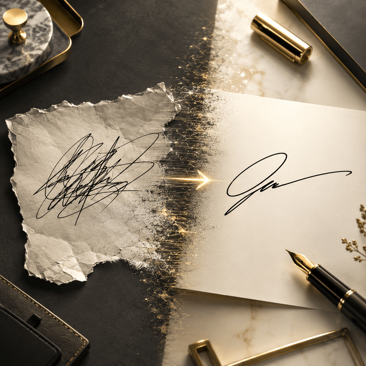 Premium conceptual illustration, square format, an outdated messy signature transforming into a clean modern professional signature, visual transition from complexity to simplicity, elegant workspace, sophisticated ivory, charcoal and gold palette, cinematic lighting, polished editorial design, no readable text, no watermark