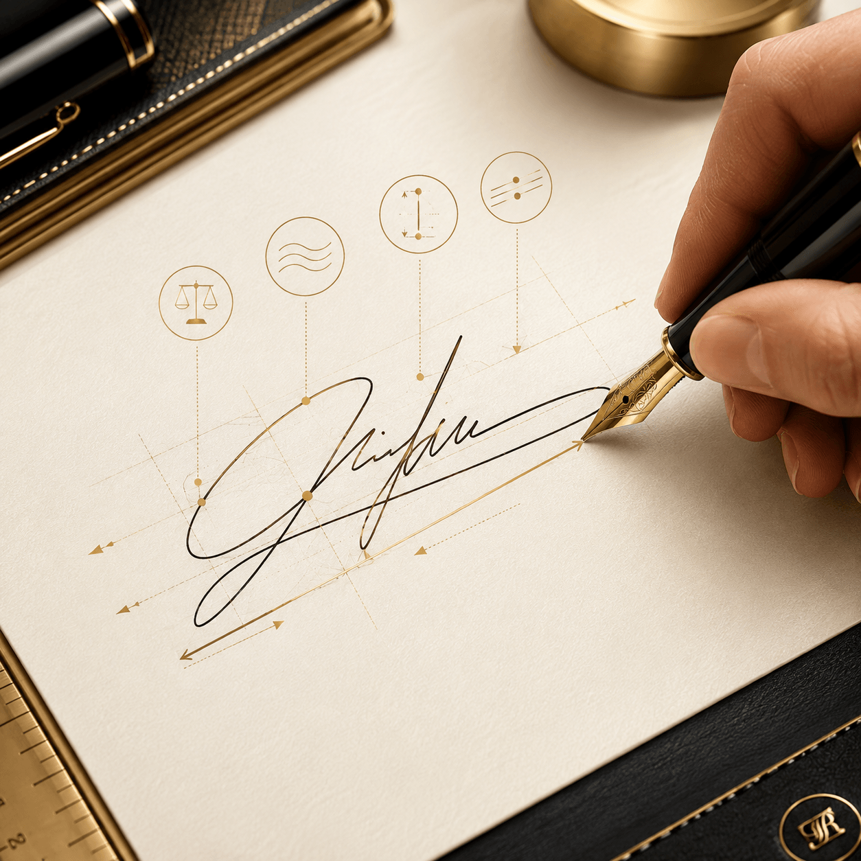 Luxury editorial illustration, square format, close-up hand creating a refined professional signature on premium paper, subtle guides showing balance, flow, spacing and consistency, elegant fountain pen, minimalist workspace, sophisticated ivory and gold aesthetic, high-end corporate branding style, no readable text, no watermark