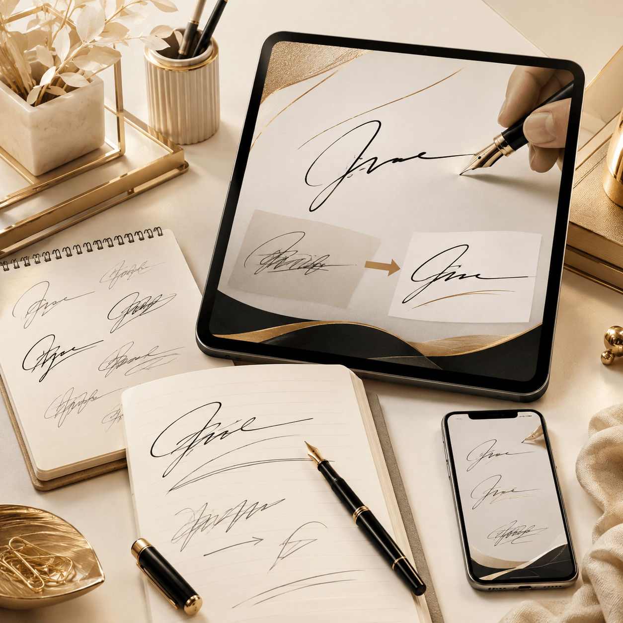 Premium educational illustration, square format, elegant digital guide titled conceptually around redesigning a signature displayed beside handwritten signature sketches, pen, notebook and smartphone, inspiring transformation from old to refined signature