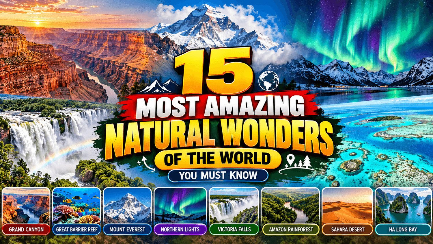 Amazing natural wonders of the world featuring mountains, waterfalls, coral reefs, deserts, and forests