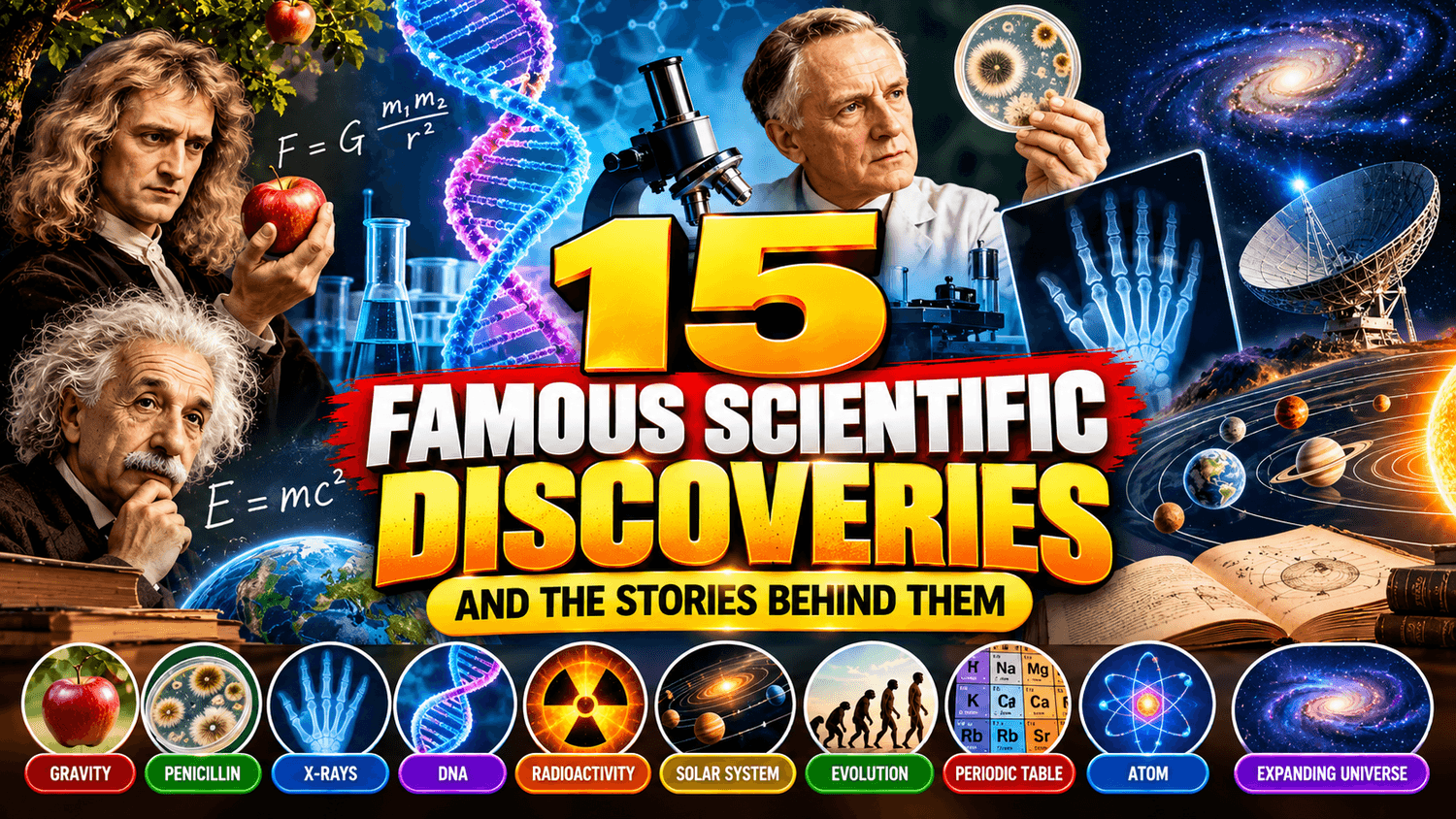 Famous scientific discoveries including gravity, DNA, penicillin, X-rays, atoms, and the expanding universe