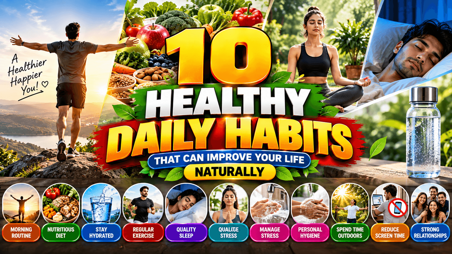 Healthy daily habits featuring nutritious food, drinking water, exercise, sleep, and outdoor activities