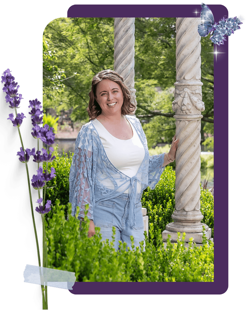 Chelsea Fournier, intuitive business strategist,  at a garden, standing beside a column