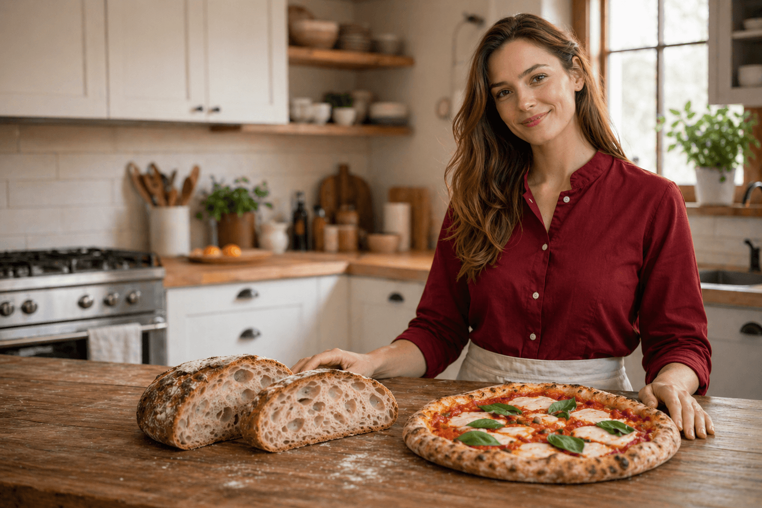 Sara Marino con pane artigianale sul banco di lavoro