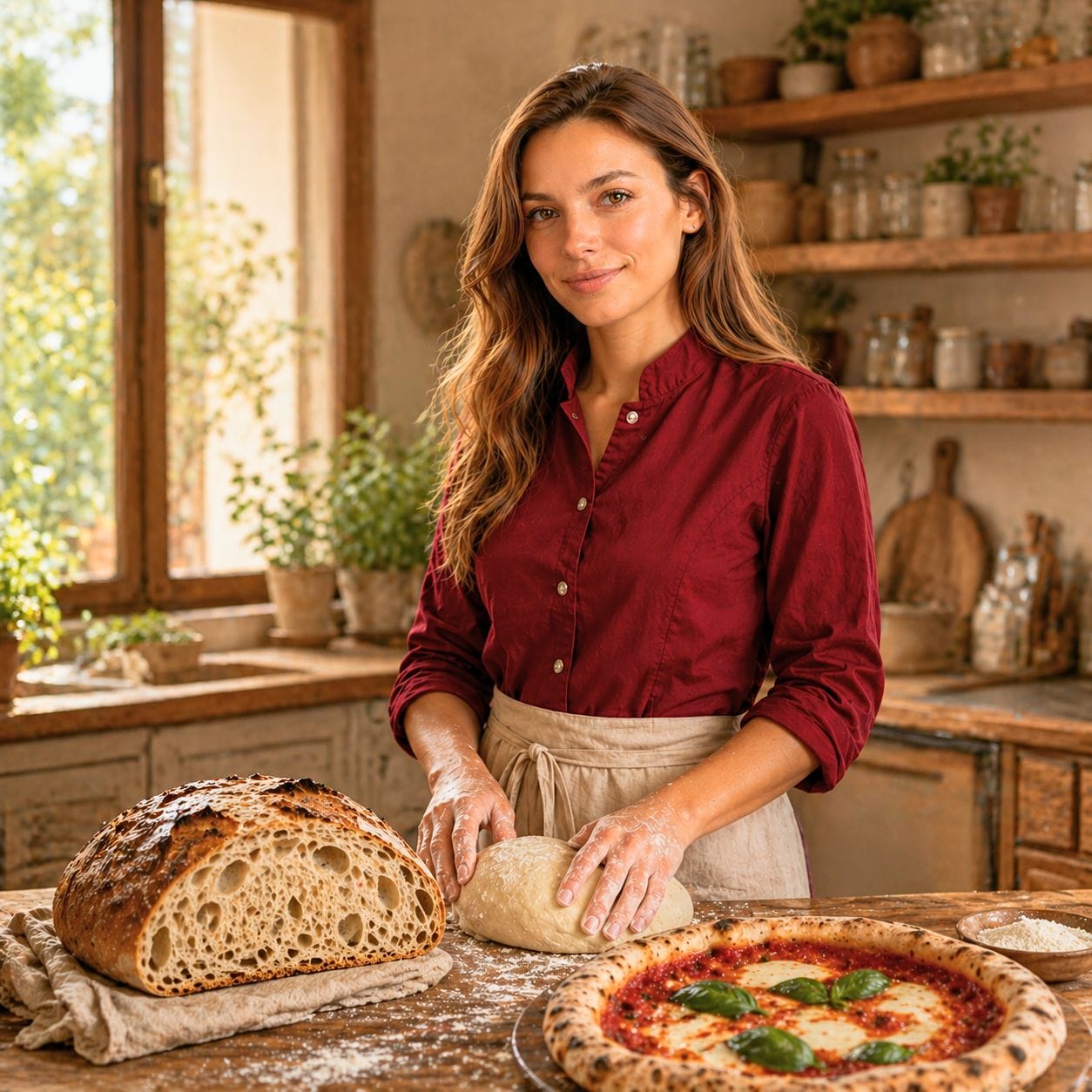 Sara Marino con pane artigianale, pizza e impasto nel forno di casa