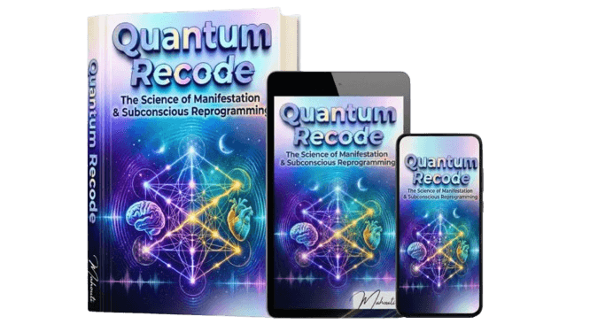 quantum recode mockups made of three mockups, book, tablet, and a phone mockup