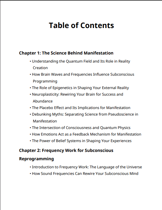 Table of content for Quantum Recode: The Science of Manifestation and Subconscious Reprogramming. First Page.