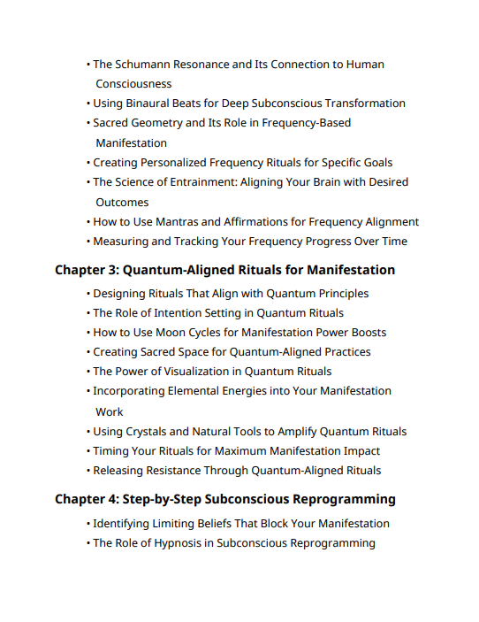 Table of content for Quantum Recode: The Science of Manifestation and Subconscious Reprogramming. Second Page.