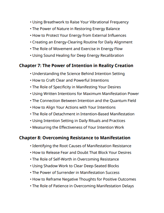 Table of content for Quantum Recode: The Science of Manifestation and Subconscious Reprogramming. Fourth Page.