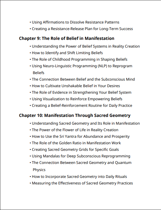 Table of content for Quantum Recode: The Science of Manifestation and Subconscious Reprogramming. Fifth Page.