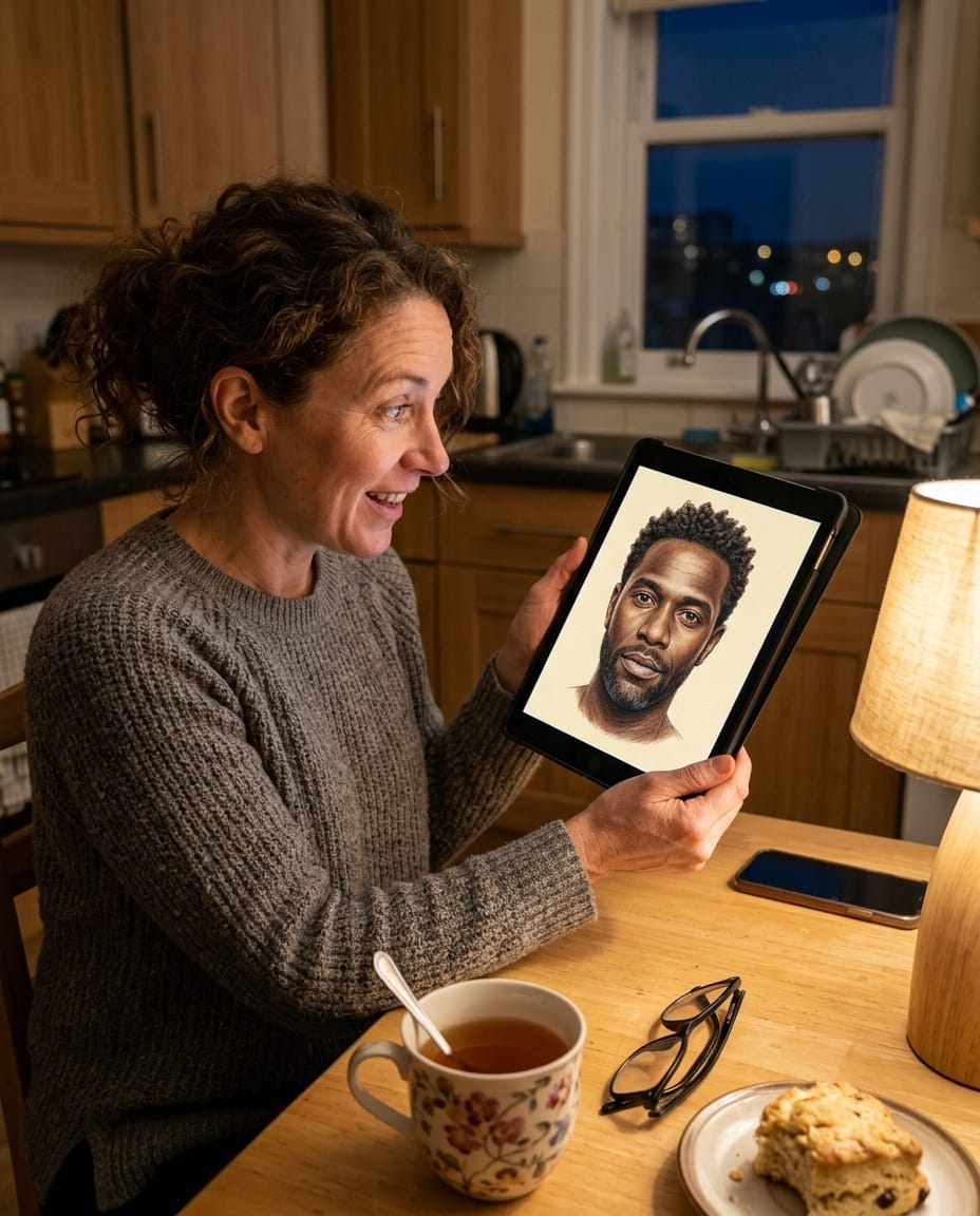Woman smiling at a digital sketch of a man on her tablet