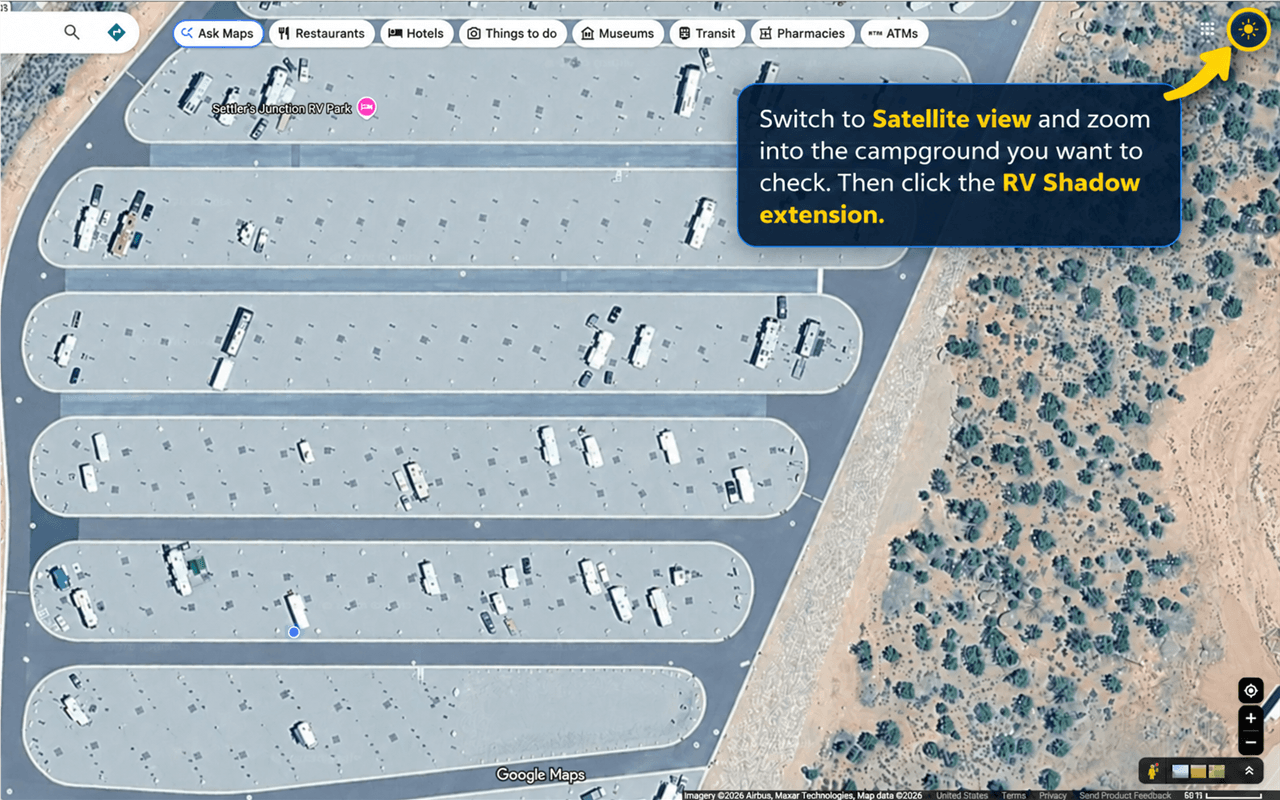 Campground in Google Maps Satellite view with the RV Shadow extension icon.