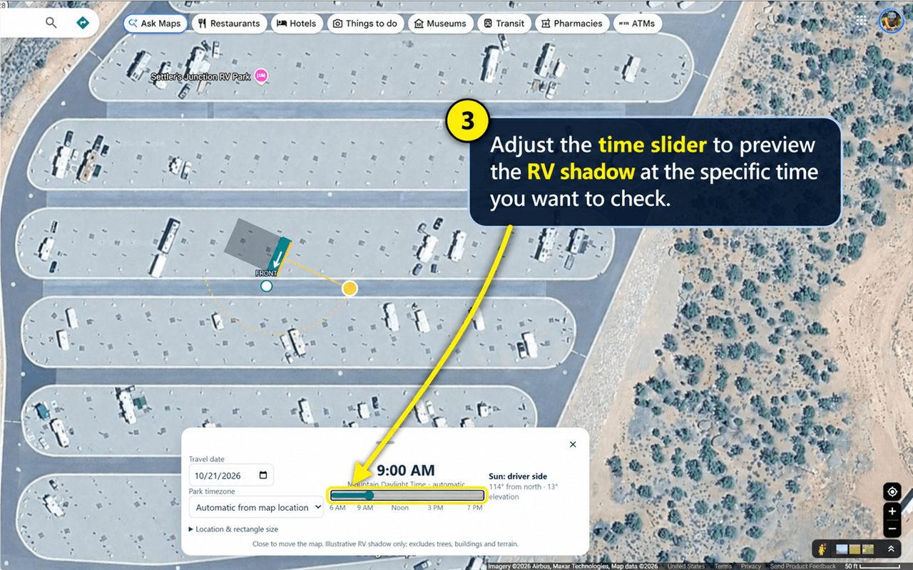 RV Shadow date and time controls with the time slider highlighted.