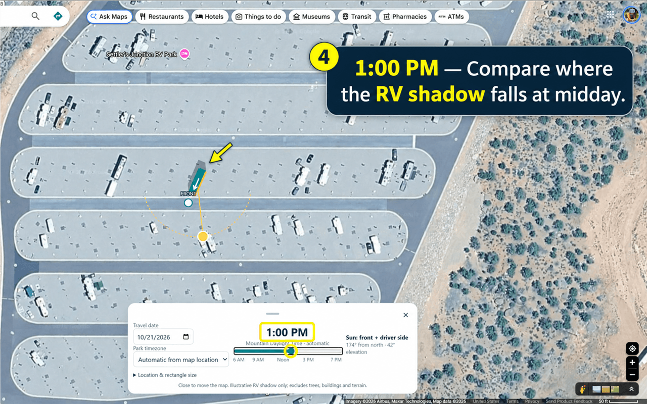 The same campsite and RV Shadow preview at 1 PM.