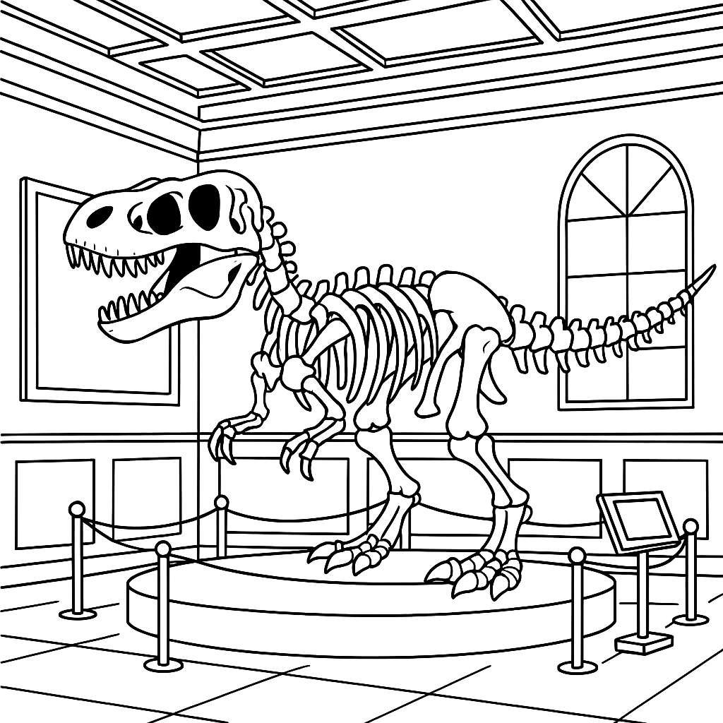Line art coloring page of a Tyrannosaurus Rex skeleton displayed in a museum gallery
