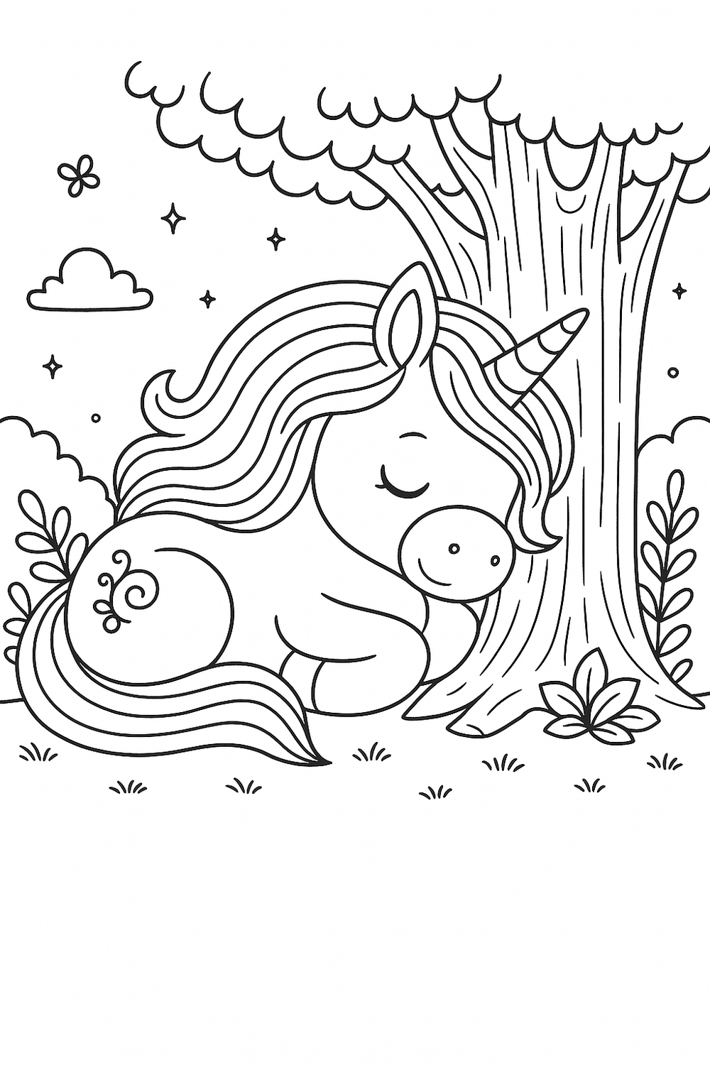 Line art coloring page of a sleeping unicorn nestled against a tree in a magical forest with stars and foliage