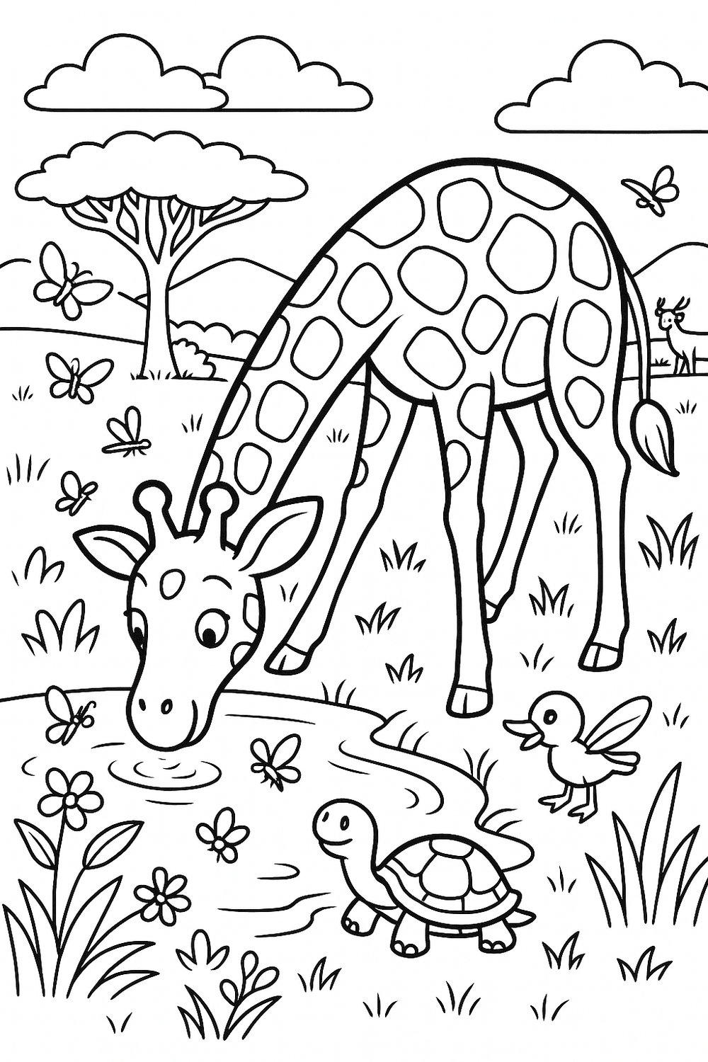 Line art of a giraffe bending to drink from a watering hole surrounded by butterflies, flowers, a smiling turtle, and a duck, with acacia trees, distant hills, and a small antelope in the background—perfect for a kids’ jungle animal coloring page.