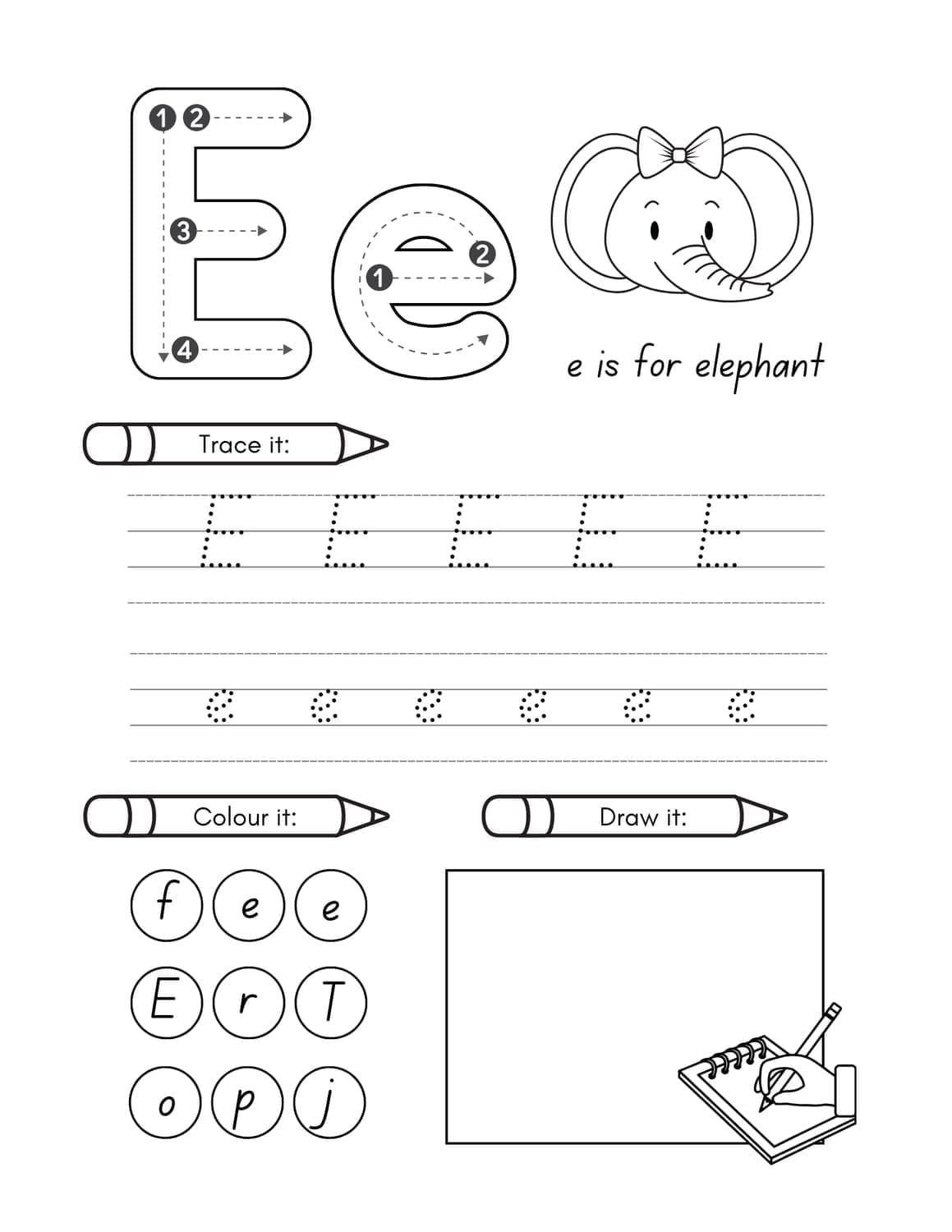 Letter E worksheet for kids with elephant coloring, tracing, and drawing activities