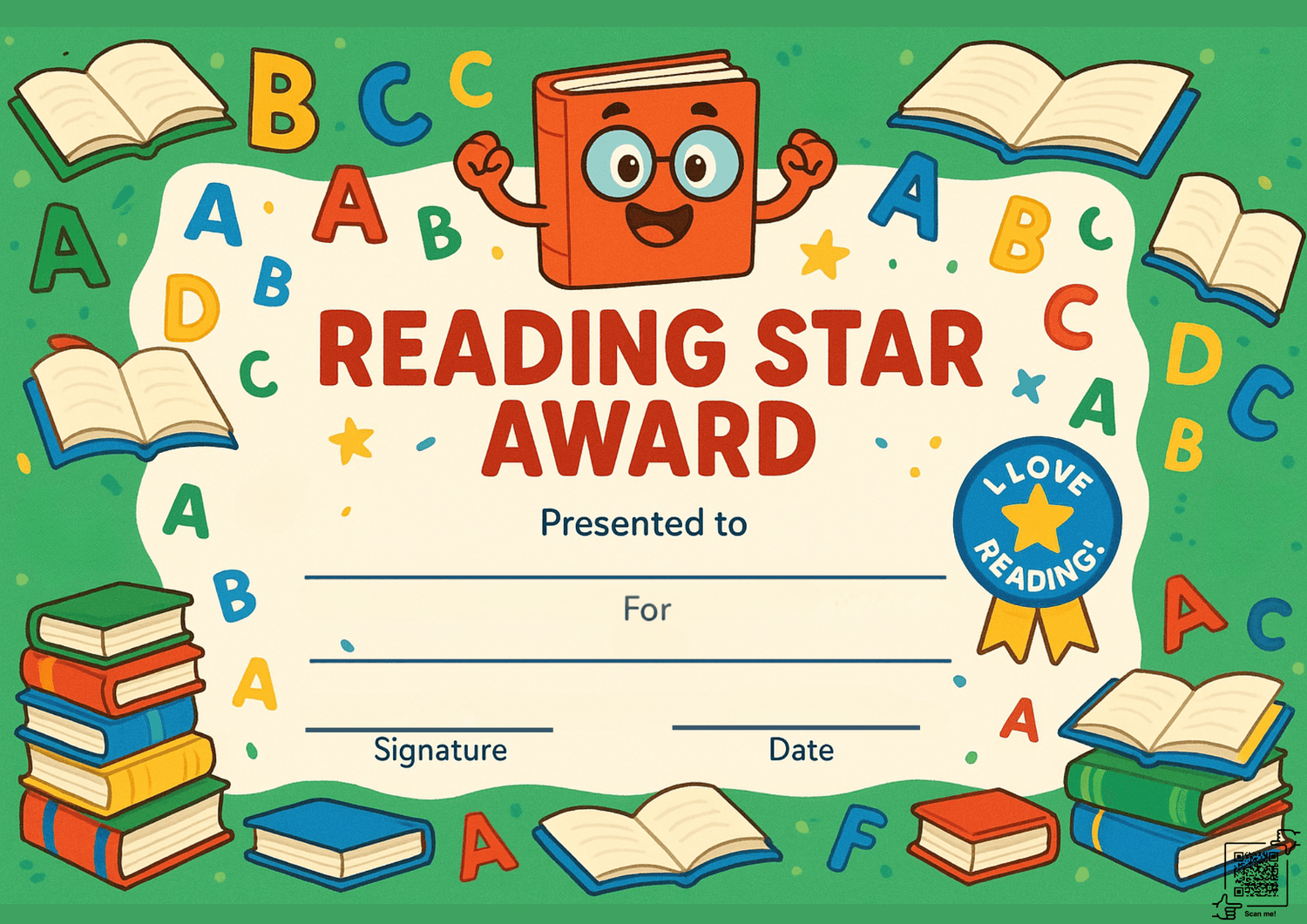Reading Star Award certificate printable for kids with cartoon book character, alphabet letters, and space to write name, reason, date, and signature.