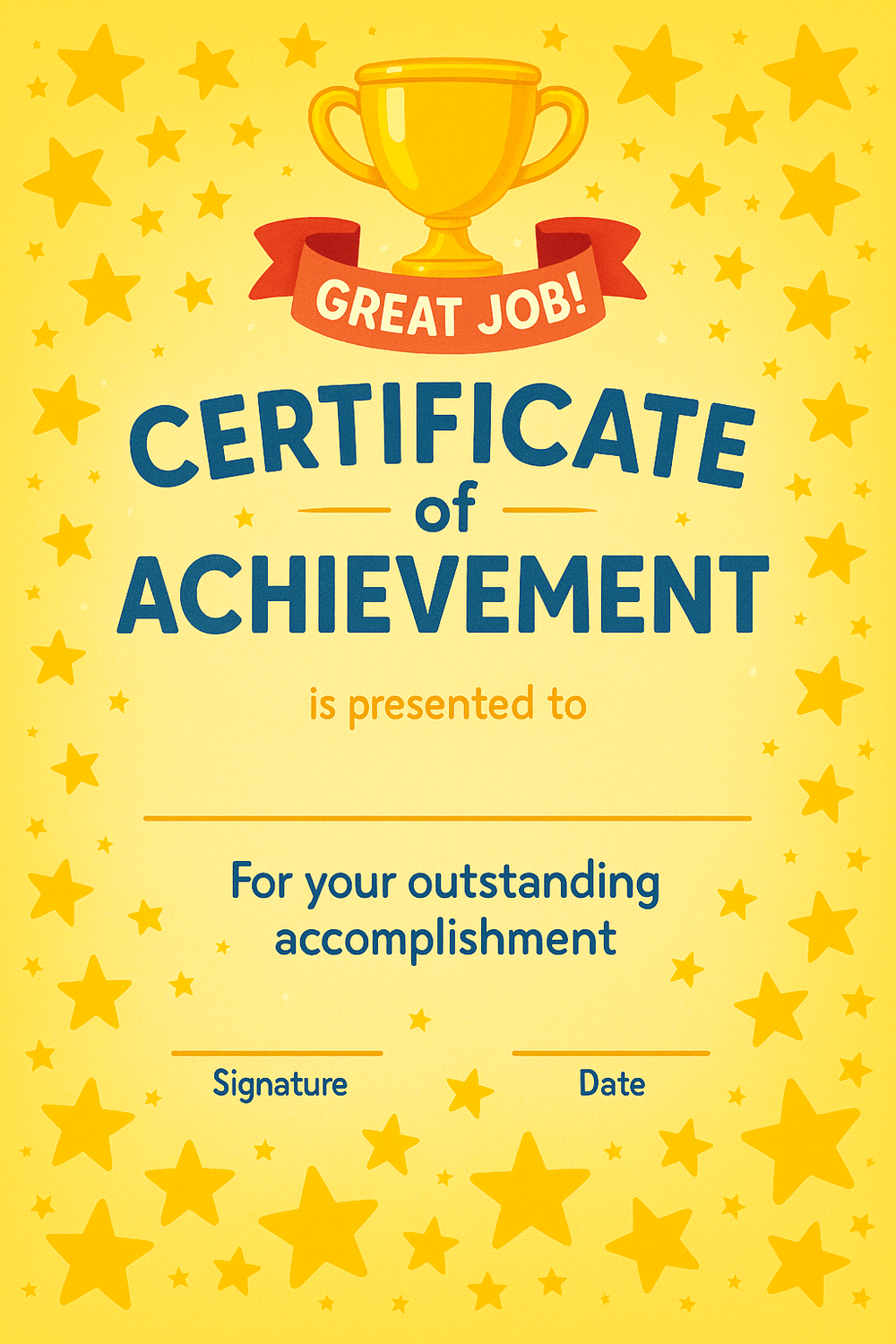 Certificate of Achievement for kids with yellow background, trophy icon, stars, and space for name, accomplishment, date, and signature