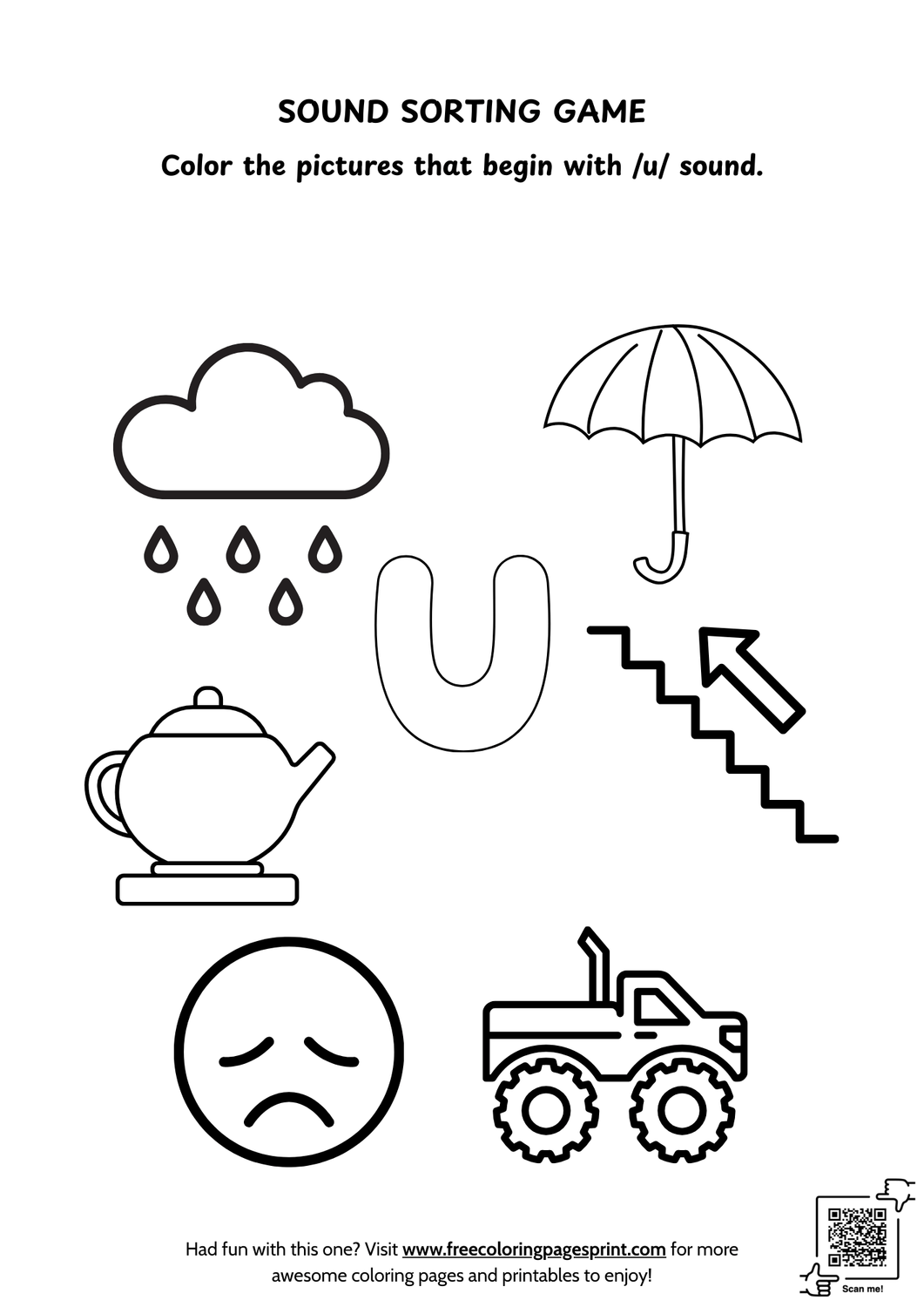 Printable sound sorting worksheet for short /u/ sound – includes pictures like umbrella, upstairs, upset, for kids to color.