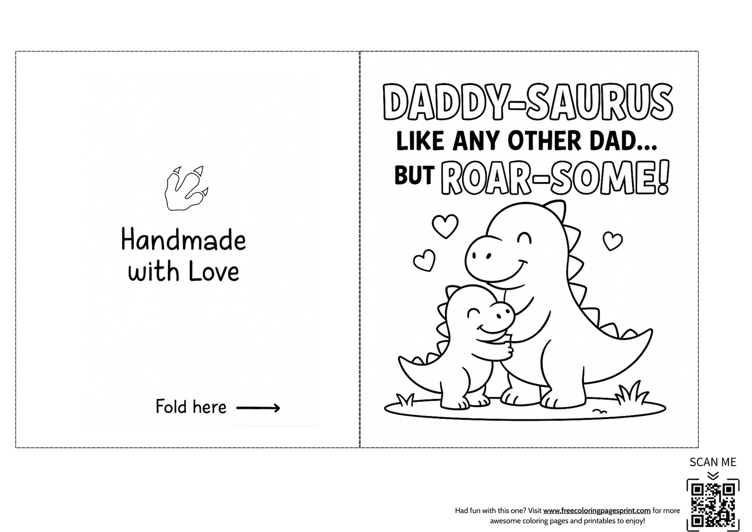 Printable Father’s Day card featuring Daddy-Saurus with baby dinosaur hugging and text ‘Like any other dad but roar-some’ and ‘Handmade with Love’ back panel.