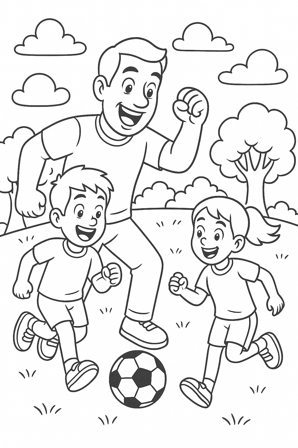 Father's day colouring page. Black and white coloring page of a dad playing soccer outside with a smiling son and daughter on a sunny day in the park.
