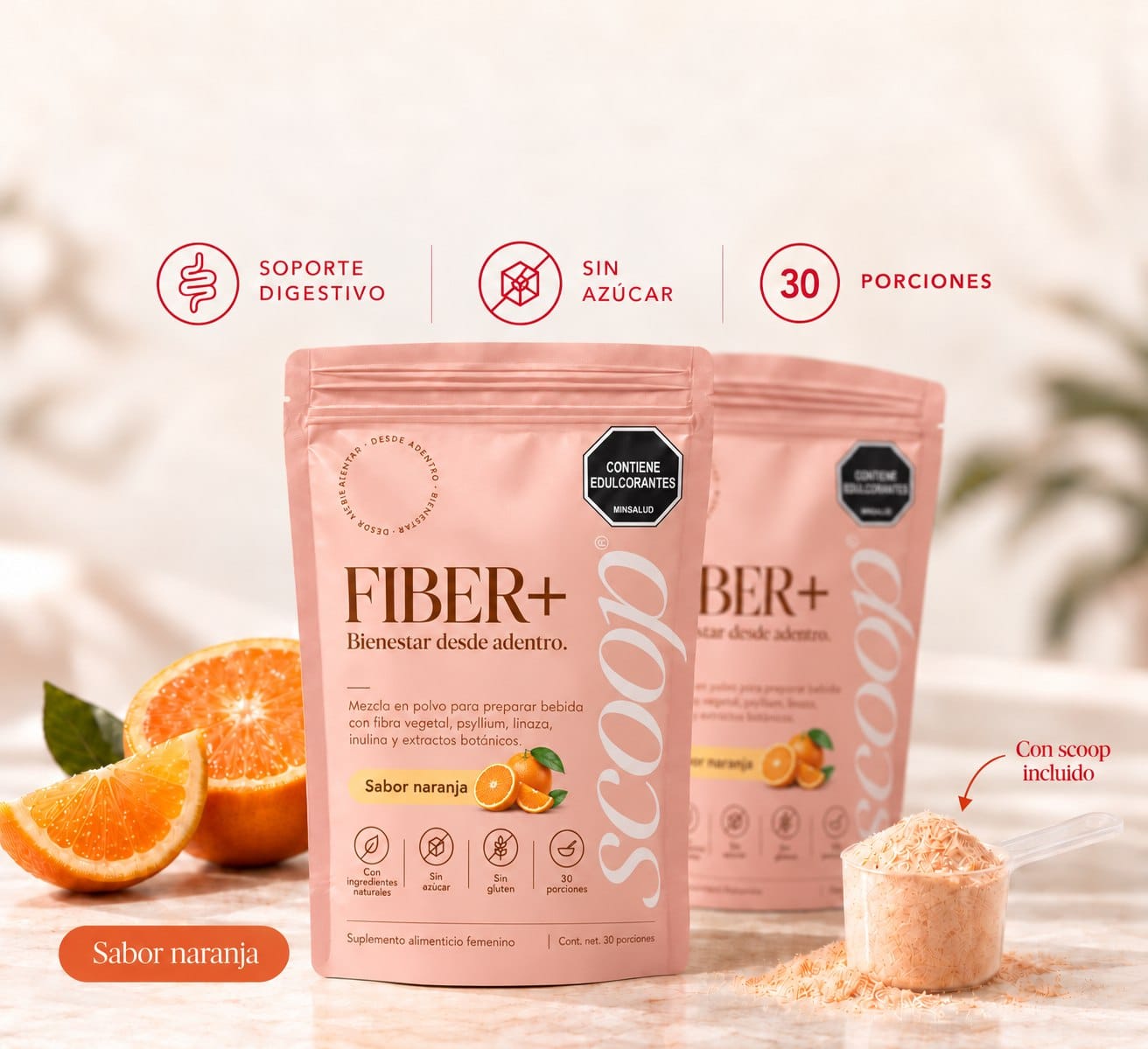 Dos bolsas de SCOOP Fibra Diaria sabor naranja con el scoop medidor incluido