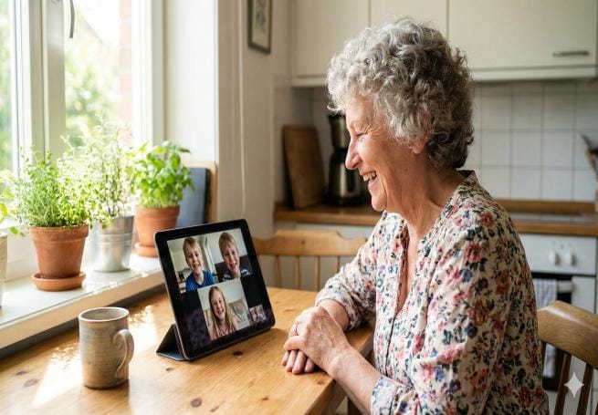 Nasmejana babica v naslanjaču drži tablico in se prek video klica pogovarja s tremi vnuki.