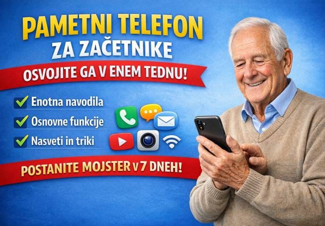 Starejši moški sproščeno uporablja mobilni telefon za branje novic in povezovanje z družino