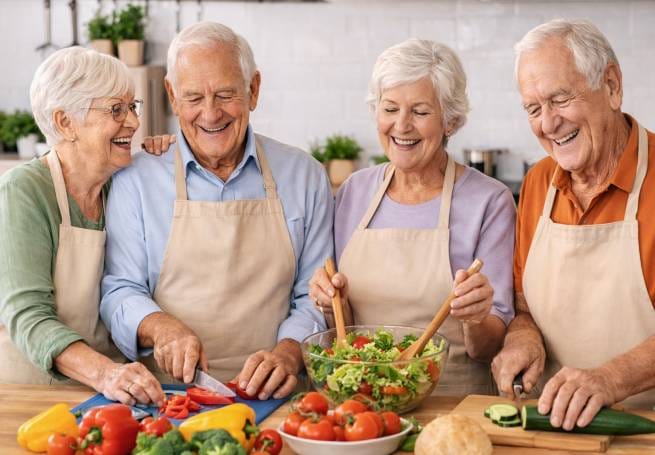 Skupina upokojencev na kuharskem tečaju skupaj pripravlja zdrave domače jedi in se druži.