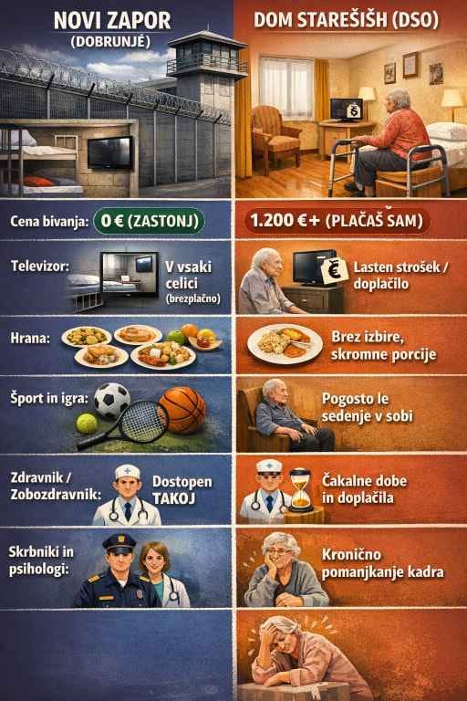 Grafični prikaz sramotne razlike: luksuzna oskrba v zaporu Dobrunje nasproti dragi in pomanjkljivi oskrbi upokojencev v domovih.