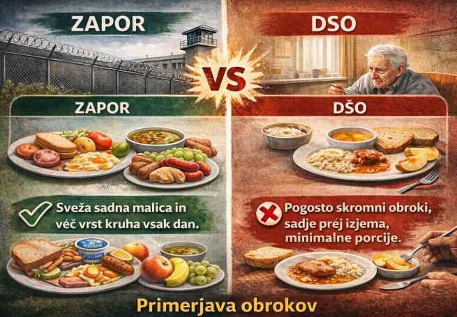 Primerjava pogojev bivanja v novem zaporu Dobrunje in domovih starejših občanov v Sloveniji leta 2026.