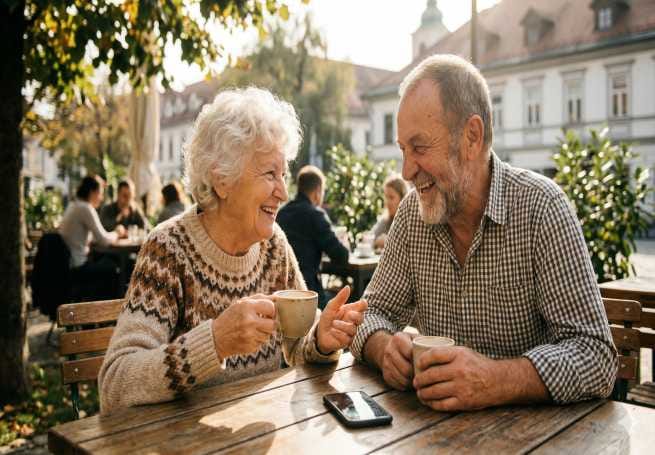 Nasmejana starejša gospa in gospod ob kavi na sončni terasi – simbol premagovanja osamljenosti in druženja upokojencev.