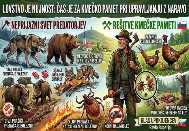 Infografika Lovstvo je nujnost: problemi z medvedi, volkovi in šakali ter rešitve s kmečko pametjo – Glas upokojencev.