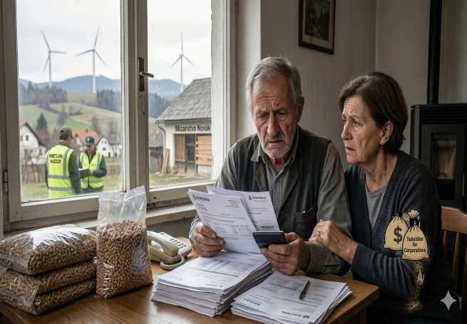 Zaskrbljen starejši par pregleduje visoke položnice za elektriko, kar opozarja na kruto energetsko revščino kot posledico vsiljenega zelenega prehoda.