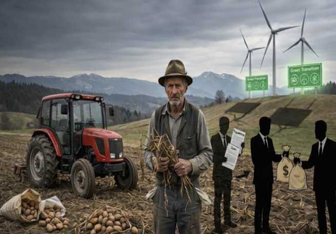 Slovenski kmet na polju s krompirjem pred vetrnimi elektrarnami – simbol razprave o zelenem prehodu, energiji in prihodnosti slovenskega kmetijstva