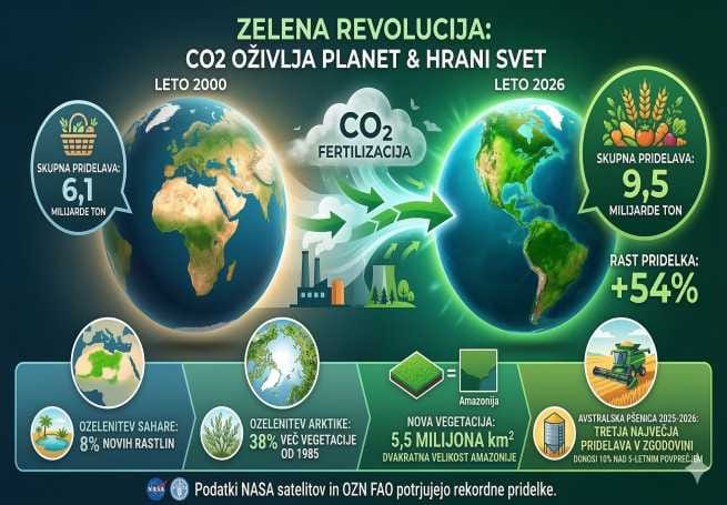 Infografika Zelena revolucija prikazuje podatke NASA in OZN, ki dokazujejo 54-odstotno rast kmetijskih pridelkov in globalno ozelenevanje zaradi CO2