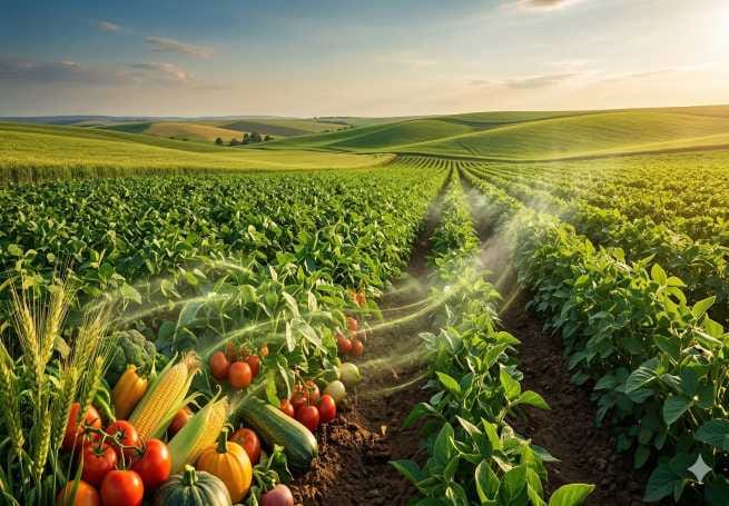 Bujno zeleno polje z bogatim kmetijskim pridelkom pod sončnim nebom, ki vizualno ponazarja pozitivni vpliv CO2 na rast rastlin.