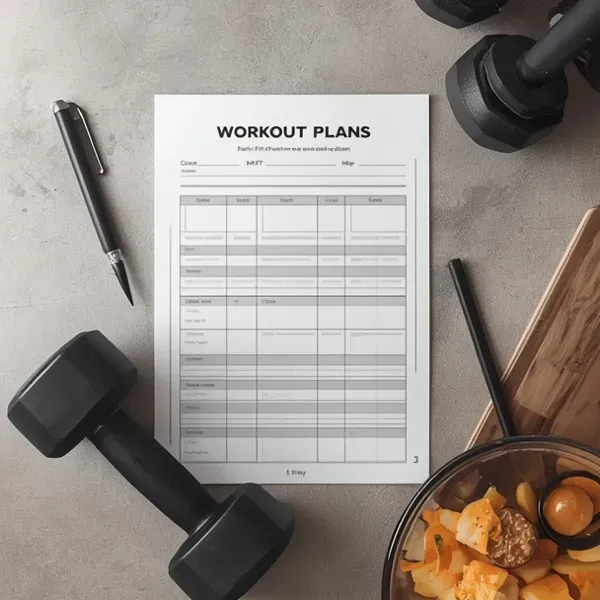 printed workout plan, dumbbells, protein meal