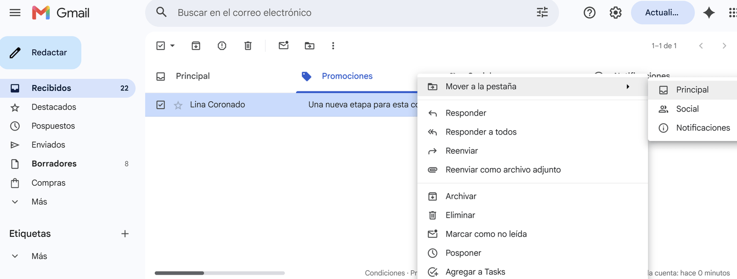 Cómo mover un correo de promociones o spam a la bandeja principal en Gmail