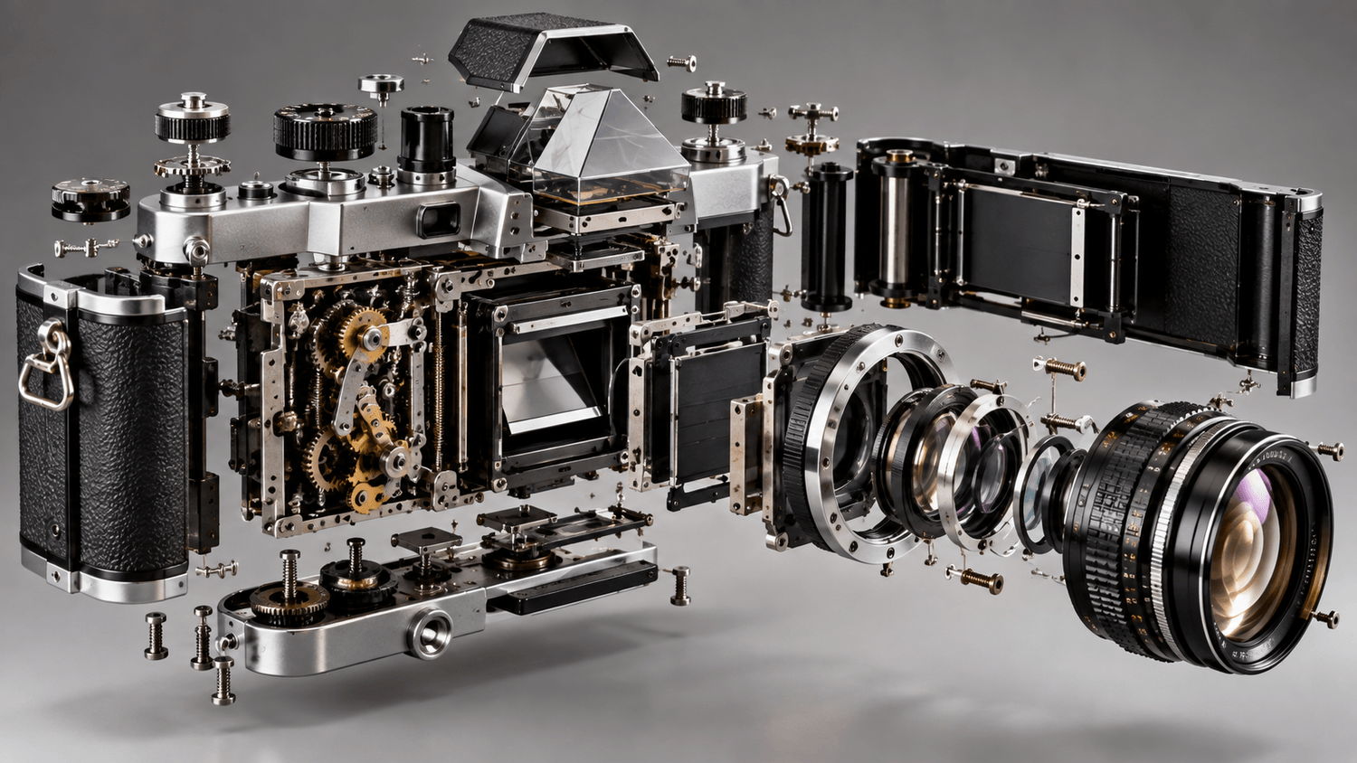 Vintage camera with its individual components revealed